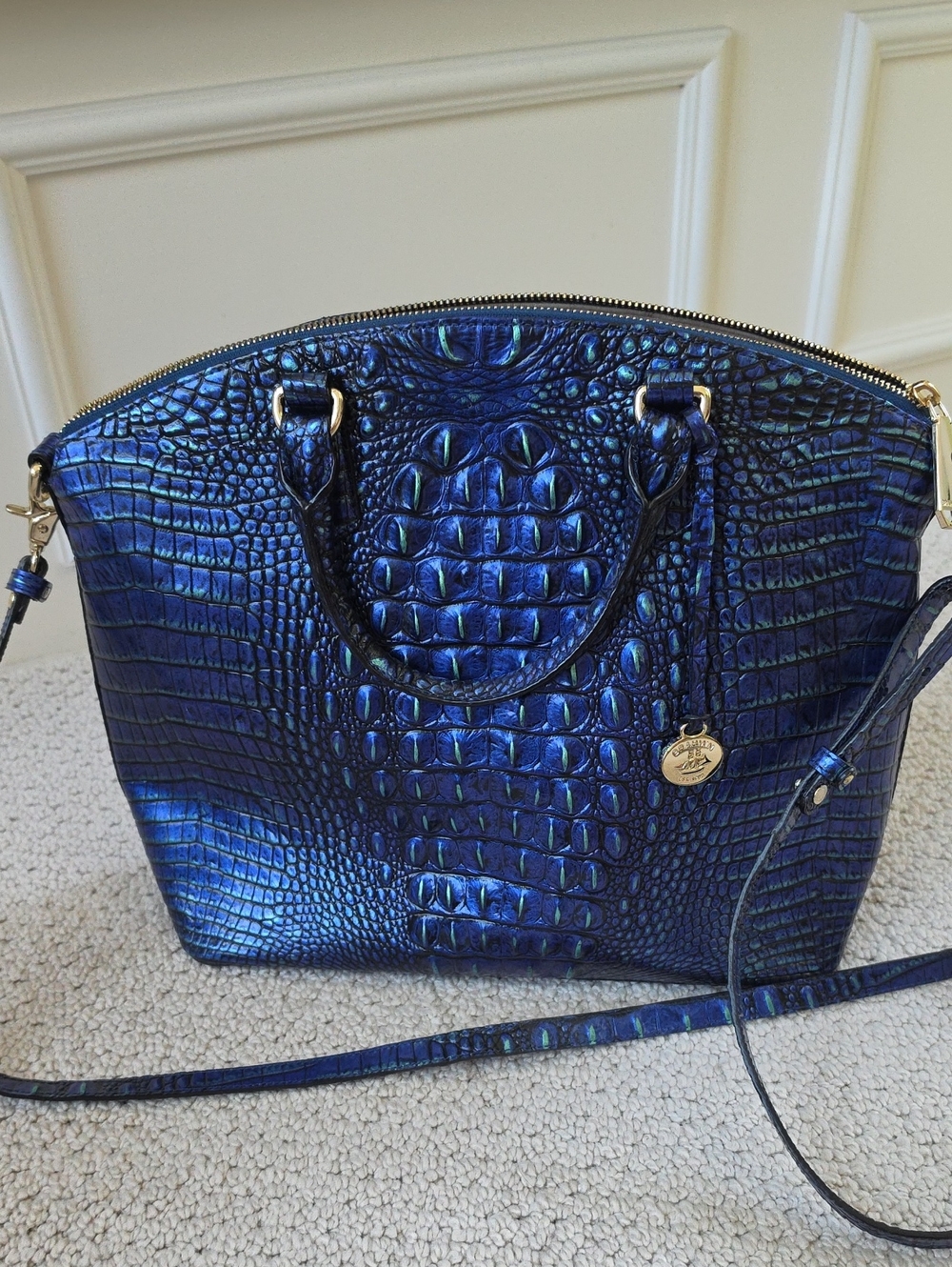 Brahmin Iridescent Blue Croc-Embossed Satchel